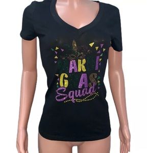 Sexy Black V-neck S/s Mardi Gras Squad Fitted t-shirt Low Cut Top New Rhinestone